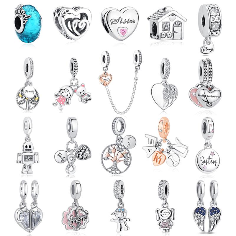 Original 925 Sterling Copper Charms Family Tree Love Heart Mom Pendant Beads Fit Brand Bracelets Necklaces Women DIY Zircon