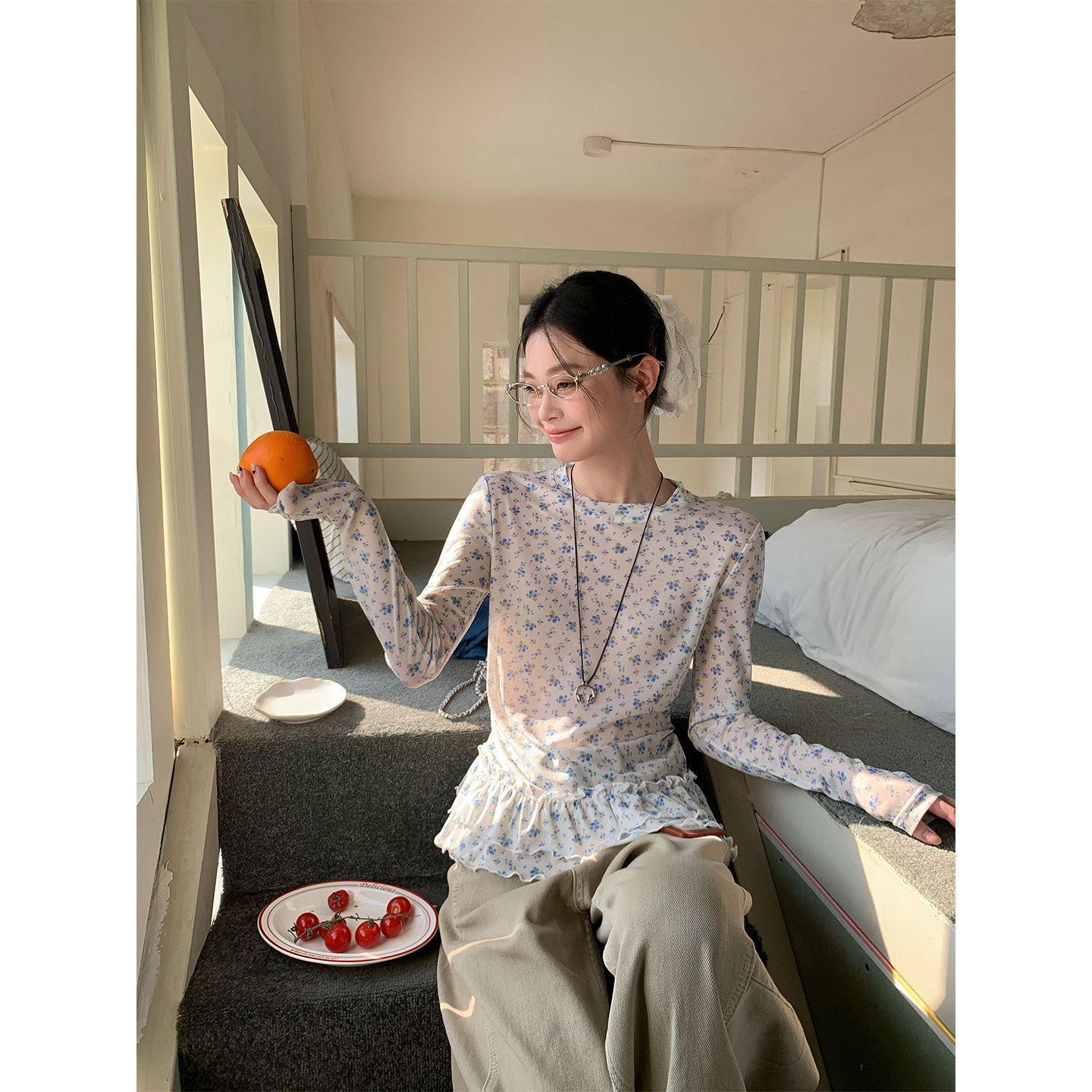 

Женский цветочный кружевной топ с длинным рукавом для защиты от солнца - Синий, Облегающий, Прозрачный, Корейский стиль, для Весны Extra Large