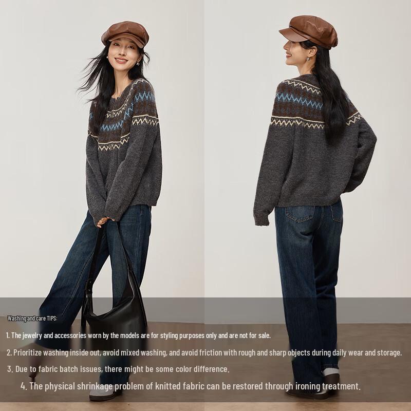VICTORIA&VERA Women's Winter Fair Isle Retro Round Neck Knit Sweater with Double Zipper