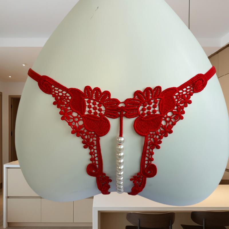 Perizoma con Massaggio Perle e Apertura: T-Pantalino Lingerie Ricamato Trasparente a Vita Bassa