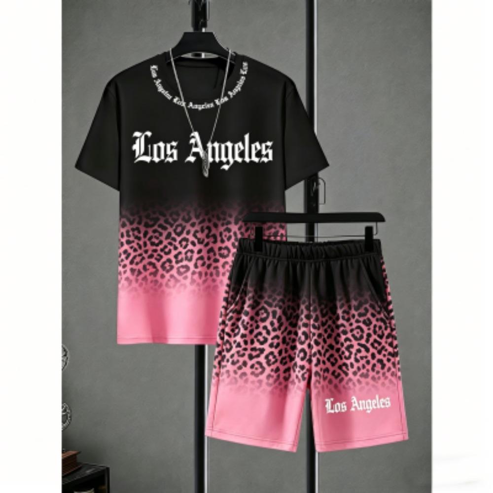 Men's Set Letter Leopard Colorful Printed Men's T-shirt and Shorts 2 Piece Set Summer Casual Outdoor Plus Size Men's and Women's T-shirt Sets
