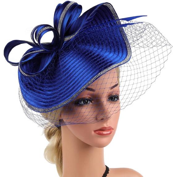 Women’s Fascinator Tea Party Hat Blue Sinamay Headband Cocktail Wedding Veil Elegant Special Occasion Accessory