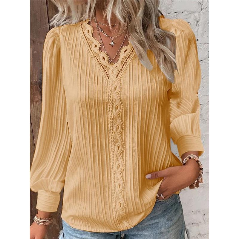 Long-sleeved V-neck Lace Stitching Shirt Blouse Women's Clothing