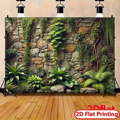 2D Natural Stone Wall with Ivy and Tropical Plants Tapestry, Photography Background