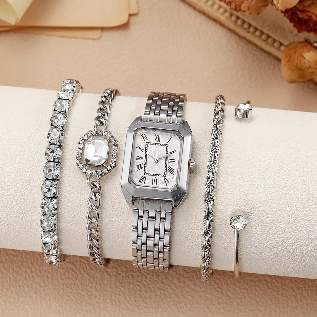 Fashionable Simple Light Luxury Roman Square Dial Quartz Wrist Watch with Diamond Bracelet Set of 5, Suitable for Elegant Ladies