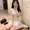 French First Love White Polka Dot Doll Collar Sleeveless Dress for Women, Summer Sweet Petite Waist-Cinching Pleated Mini Skirt
