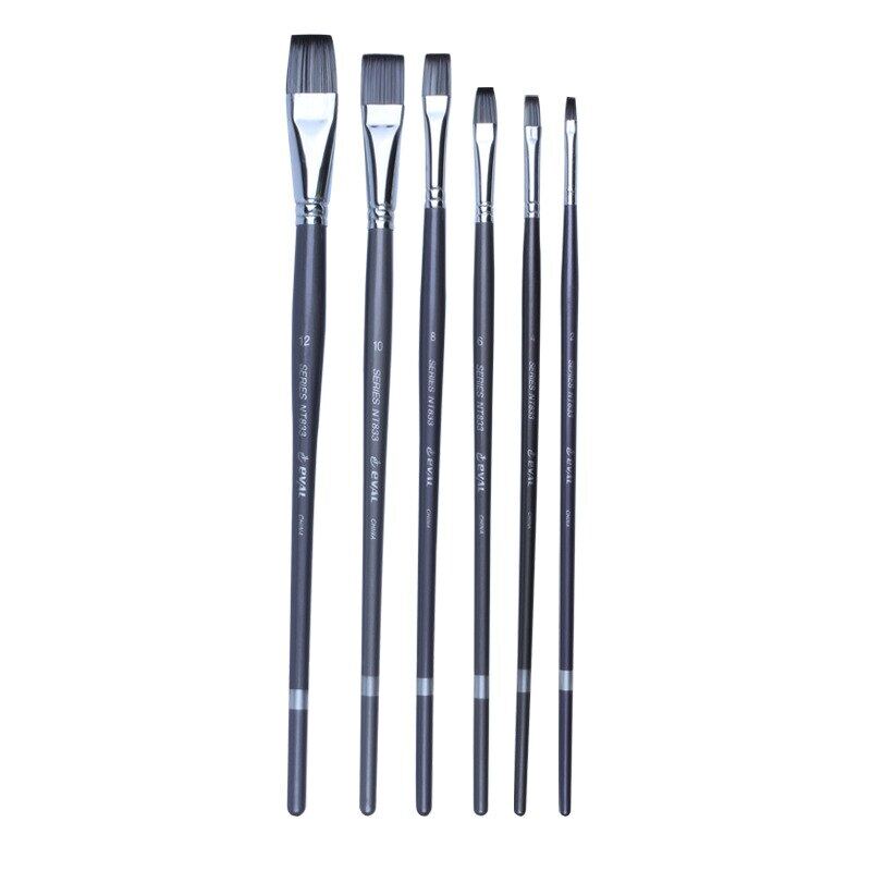 JOWOART Flat Head Two-color 6pcs Set Nylon Hair Paint Brush Flat Head Gouache Watercolor Long Wood Rod Acrylic Oil Painting Art Supplies