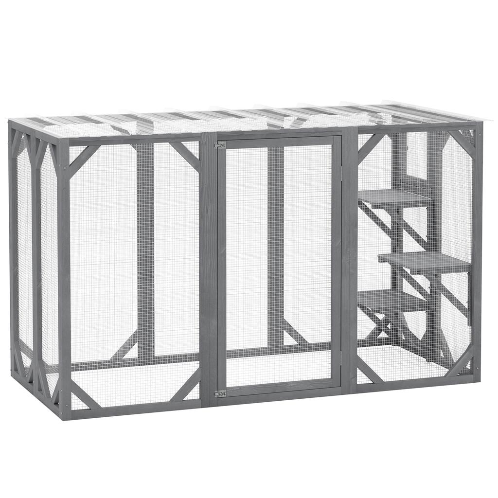 71" Outdoor Wooden Cat House with Three Platforms, Large Door, Water-Resistant Roof, for Multiple Cats, Grey