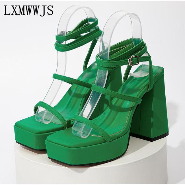 

Офисные женские сандалии, туфли на платформе, туфли на высоком каблуке с пряжкой на щиколотке, однотонные пикантные женские сандалии с квадратным носком 35 зелёный