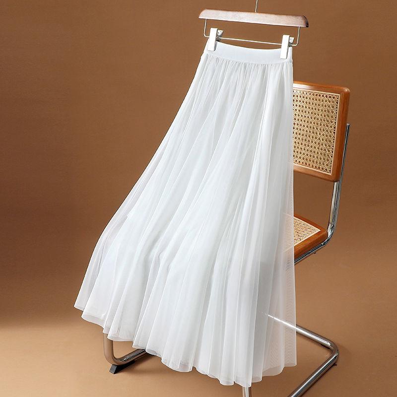 Elegant Women Tulle Skirt Korean Fashion Mesh White A Line Ladies Pleated Skirt Summer Chic High Waist Black Party