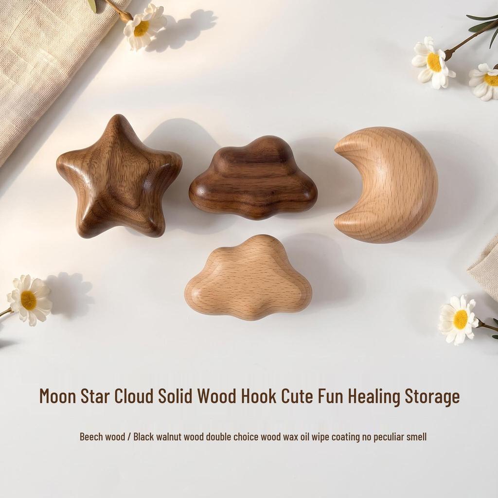Solid Wood Moon, Star & Cloud Coat Hook for Hallway or Bedroom