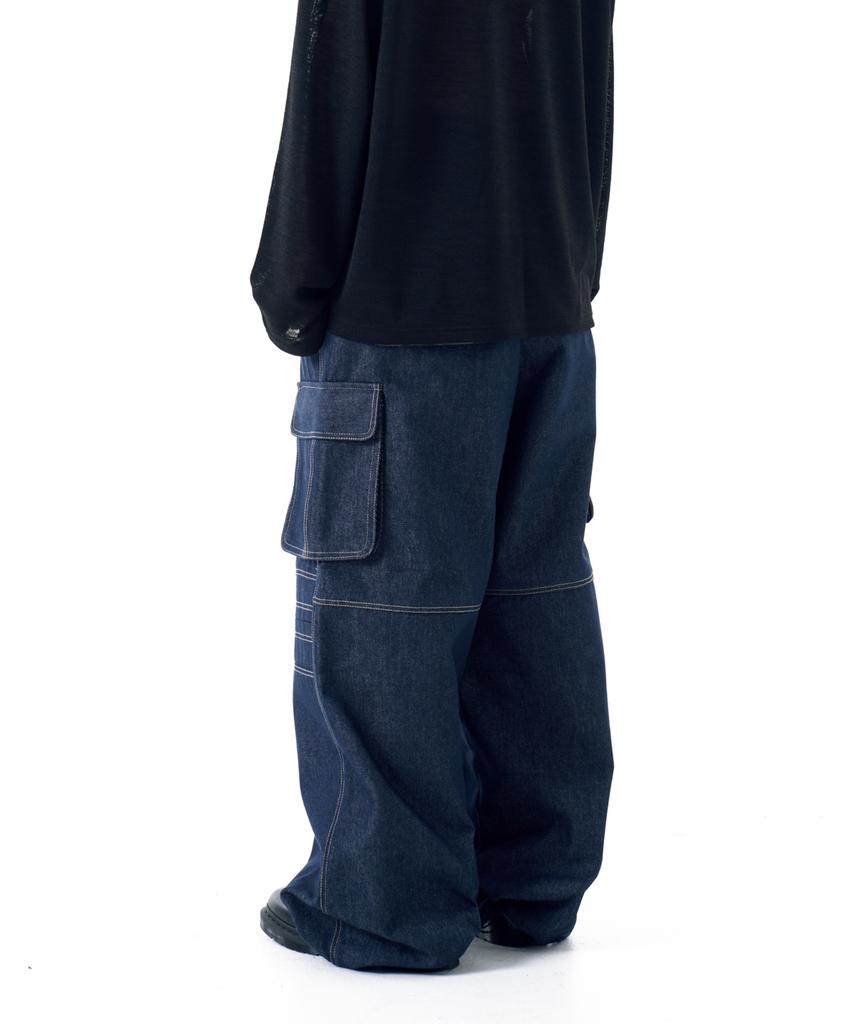 AAKAM Stitched Denim Wide Cargo Pants (Blue)