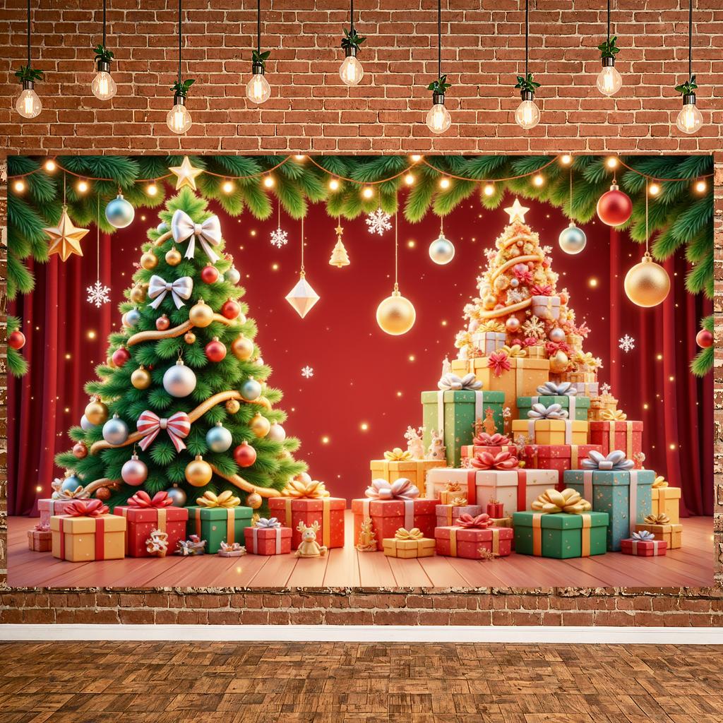 Christmas Banner Xmas Tree Gift Boxes Golden Bell Merry Christmas Party Decor Backdrop Christmas New Year Party Photo Background