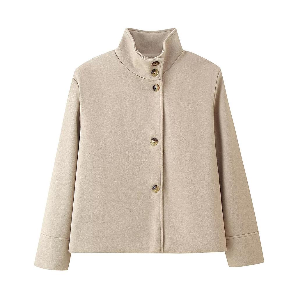 European and American women's clothing autumn and winter stand-up collar breasted short loose jacket casual solid color woolen coat top