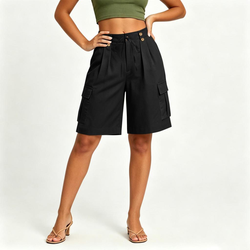 Damen Freizeit Cargo-Shorts knielang mit Knopfverschluss und Seitentaschen Leichter atmungsaktiver Stoff Geeignet für den täglichen Gebrauch