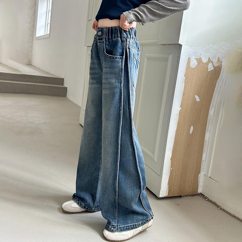 Autumn Tween Girl Dark Blue Jeans Foldable Wide Leg Denim Pants Kids Child Spring High Waist Jeans Trousers Age 4 To 14 Y