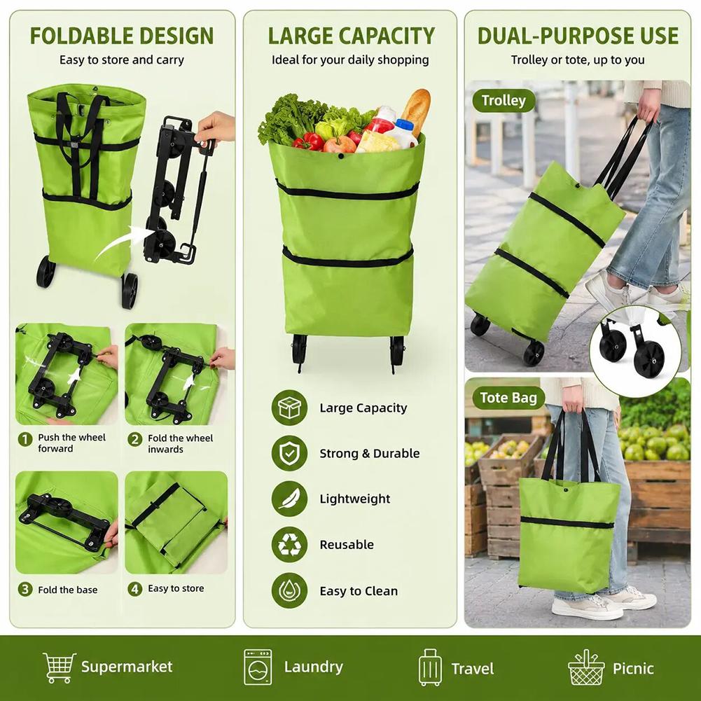 Foldable Shopping Cart With Wheels Portable Large-Capacity Storage Bag Waterproof Oxford Reusable For Armers Market & Picnics