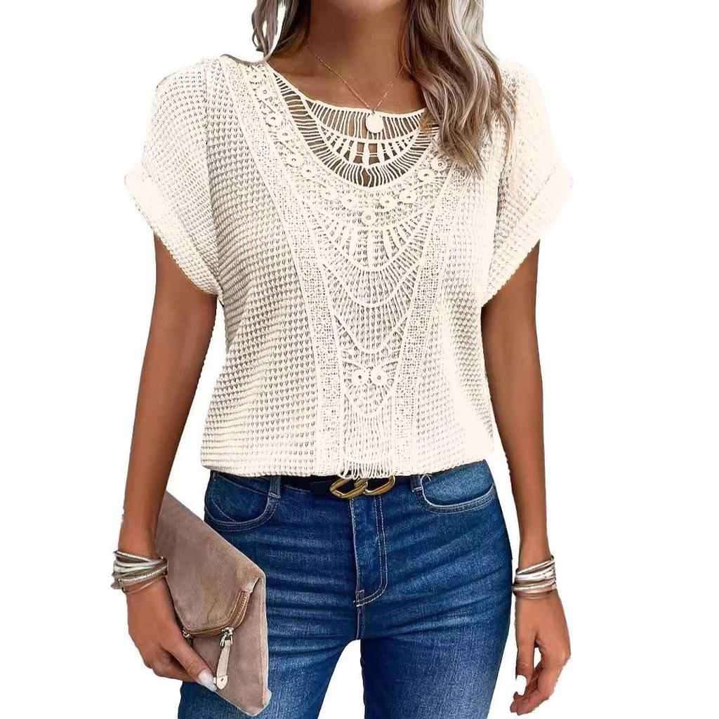 Summer Women's T-Shirt Lace Patchwork Short Sleeve Top