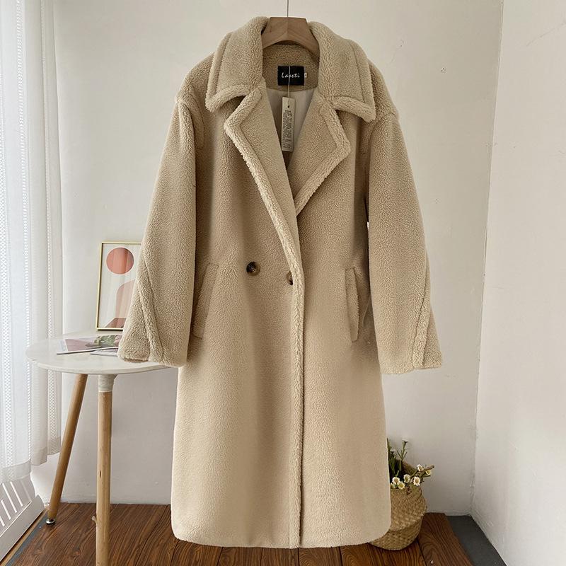 

2024 зимнее длинное пальто из искусственного меха, женское зимнее плюшевое пальто из меха ягненка, женский пиджак с воротником и лацканами, пушистая куртка, модное пальто, элегантная верхняя одежда S абрикосовый
