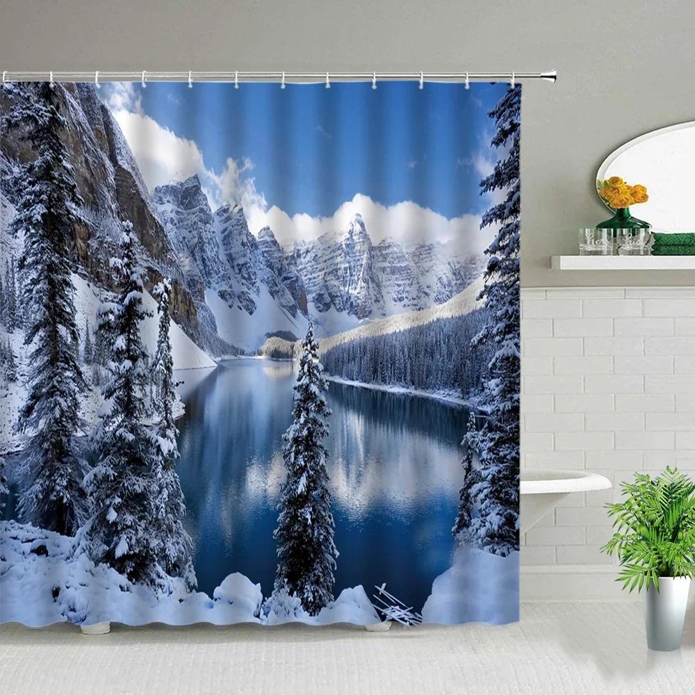 Winter Snow Scene Shower Curtains Trees Natural Scenery 3D Print Waterproof Bathroom Decor Home Bathtub Polyester Curtain Set