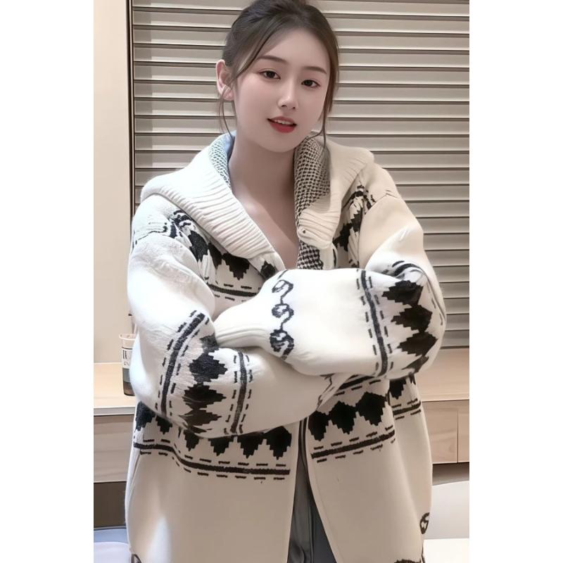 Lazy Style Retro Hooded Sweater Coat Autumn Winter New Korean Zipper Thickened Knitted Cardigan for Women