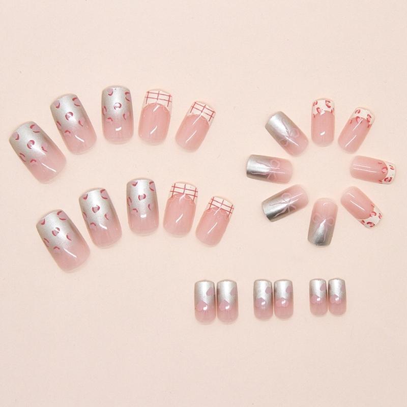 24pcs Acrylic Nail with Bows and Heart Designs Press On Nail Full Cover False Nail Manicure for Parties and Daily Wear