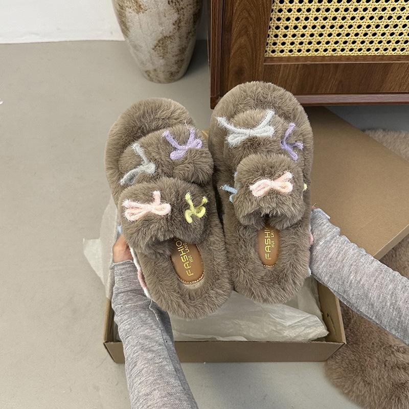 

Thick-bottomed bow-tie versatile fluffy slippers 2025 autumn new sweet girl heart fashion outer wear home cotton mop 40 хаки