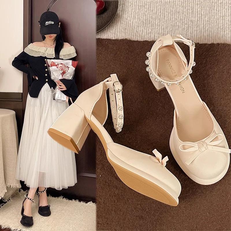 Fashion French Block Heel Baotou Bow Women's 2025 New Summer Temperament Elegant  Jane Shoes