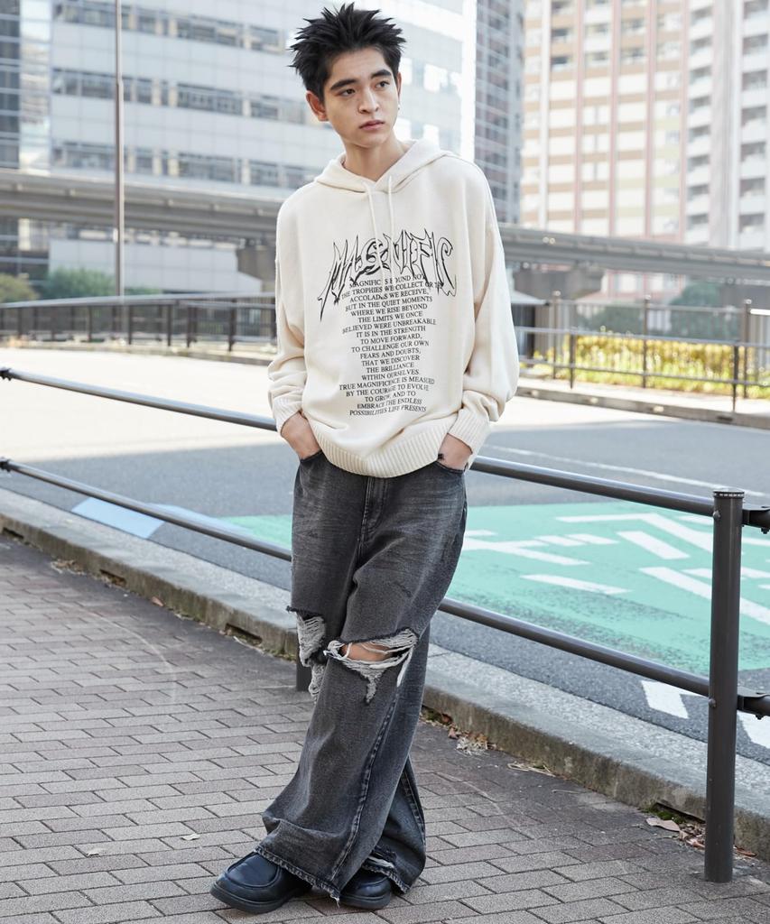 WEGO Graphic Print Knit Korean Loose Size White Men's Hoodie, Hooded, Unisex, Spring, Casual, Streetwear, Style, Fit, Gift, Spring, Autumn, Winter, M,