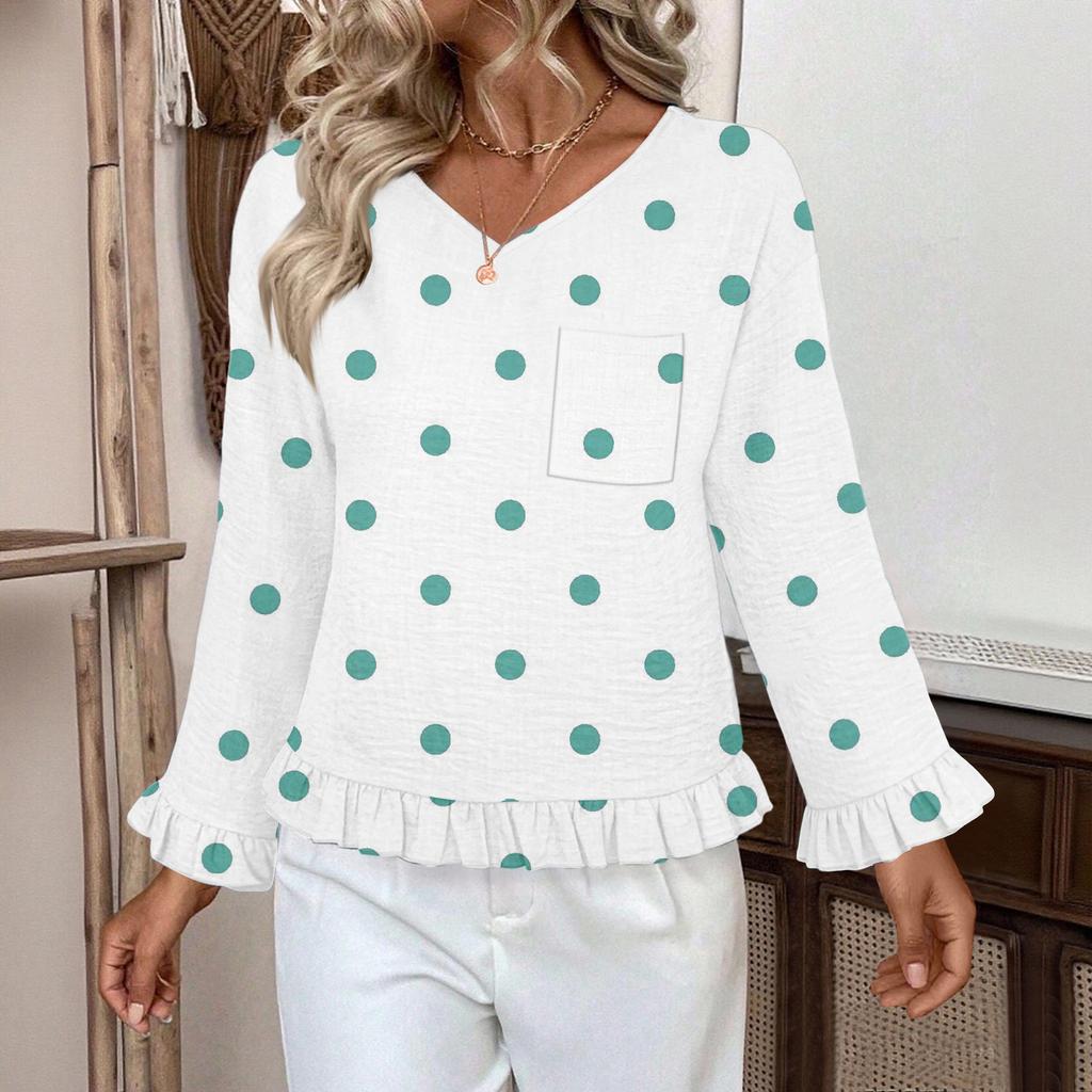 Dámský ležérní módní top s volánky, výstřihem do V, potiskem a dlouhým rukávem
