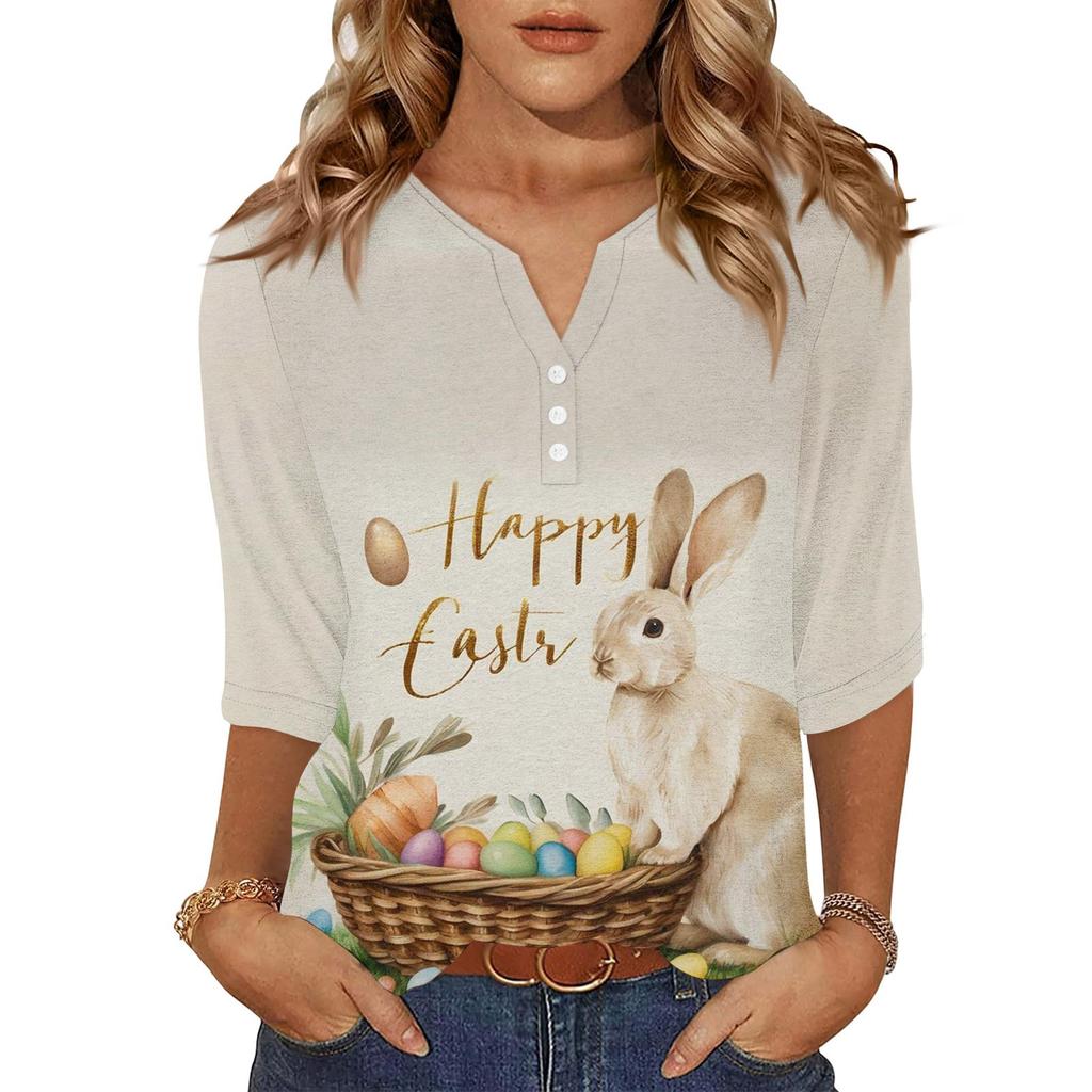 Camiseta de Manga Tres Cuartos con Botones y Cuello en V, Estampado de Conejo y Huevo de Pascua, Moderna y Casual para Mujer