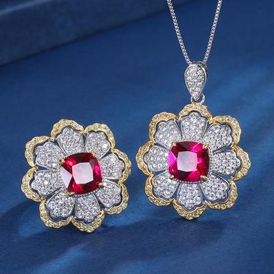 Jewelry Copper Bottom Gold-Plated Simulation Treasure Red Corundum Flower Shape Creative Full Diamond Women'S Set 10 * 10