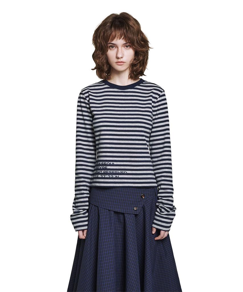 Lotaib Waist Lettering Striped Long Sleeve - Navy