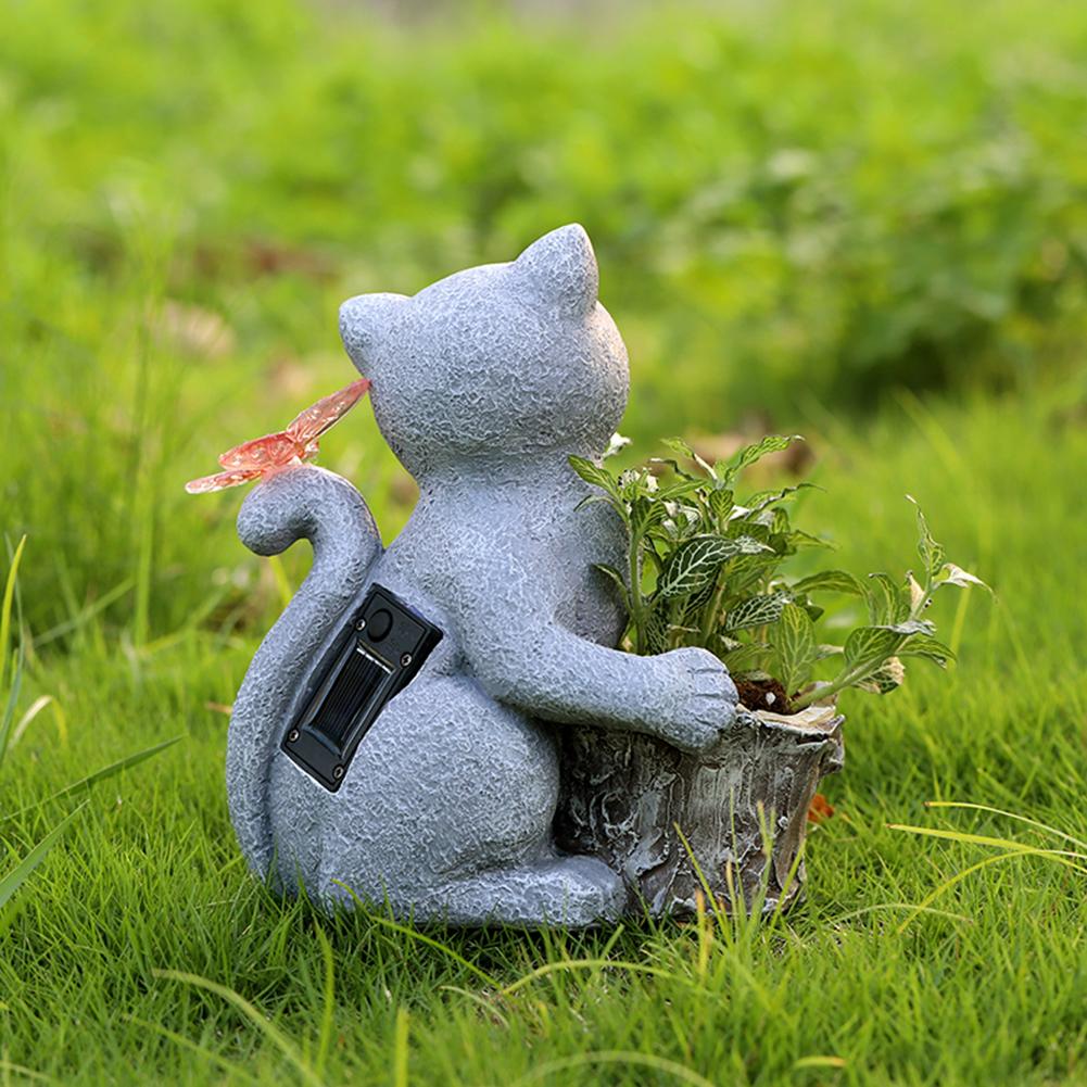 Solar Powered Decorative Animal Planter Resin Cat Butterfly Planter Statue Creative Desktop Cat Flowerpot for Cabinet Backyard