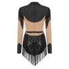 Maillot de patinage artistique pour femme à manches longues, body à paillettes et franges, entrejambe ouvrable, fermeture éclair dans le dos, combinaison de couleur contrastante avec strass