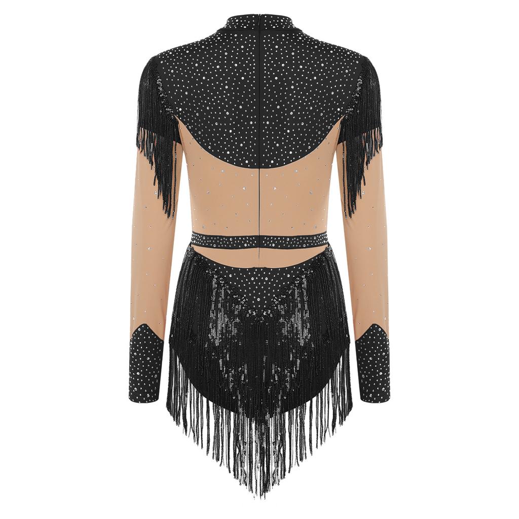 Maillot de patinage artistique pour femme à manches longues, body à paillettes et franges, entrejambe ouvrable, fermeture éclair dans le dos, combinaison de couleur contrastante avec strass