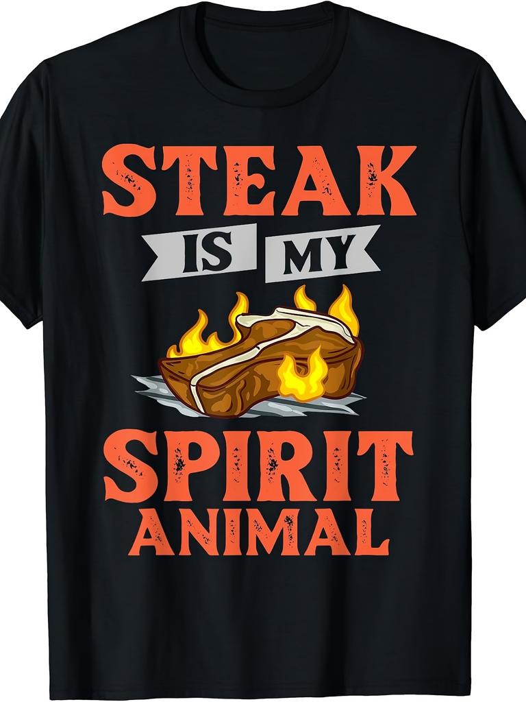 Funny Graphic, Men's T-Shirt, Steak Is My Spirit Animal Flame Meat Design, Summer Barbecue Party
