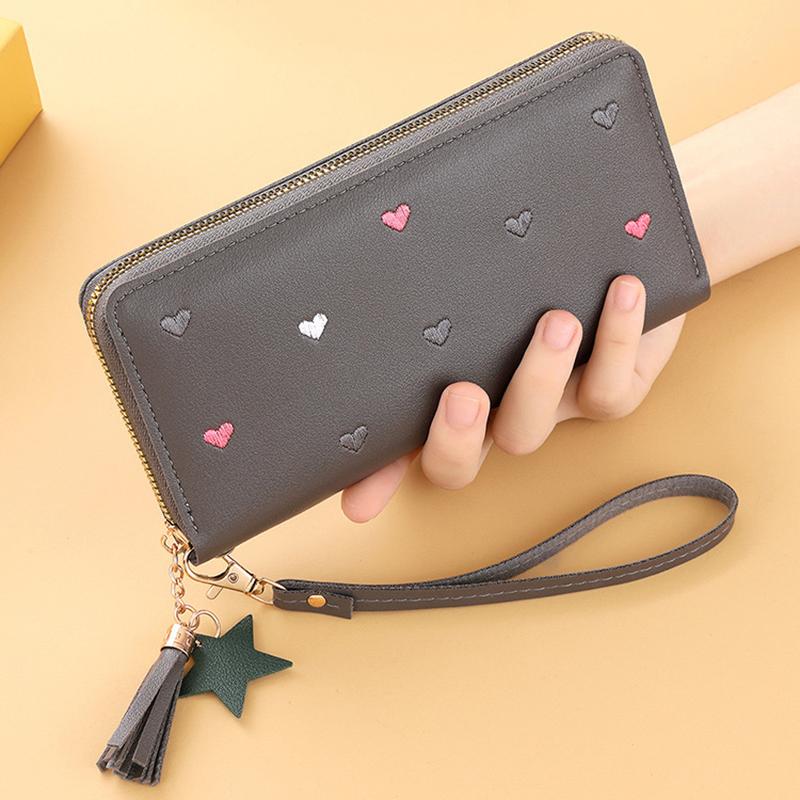 New Long Women Wallet With Heart-Shaped Korean Style Tassel Embroidery Card Holder For Women