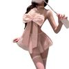 Pure Desire Pink Bow Three-point Erotic Underwear Pure Desire Temptation Splicing Mesh Perspective Free-to-take Cover