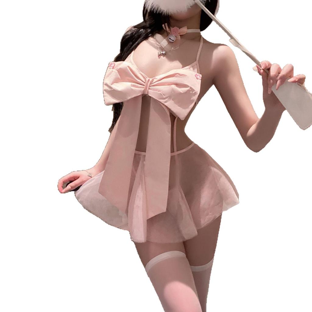 Pure Desire Pink Bow Three-point Erotic Underwear Pure Desire Temptation Splicing Mesh Perspective Free-to-take Cover