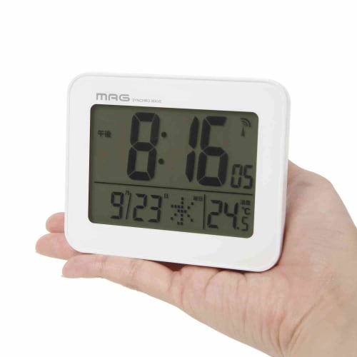 MAG (Mag) Alarm Clock, Compact, Digital, Radio-Controlled Clock with Thermometer, Calendar, Electronic Sound, Alarm, Snooze, and Light, White, Farman