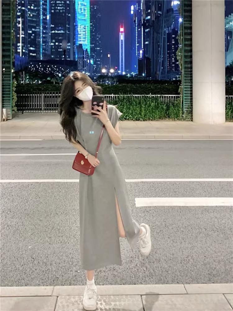 Women's Gray Slit T-Shirt Dress: Summer Slimming Waist-Cinching Short Sleeve Casual Maxi Dress