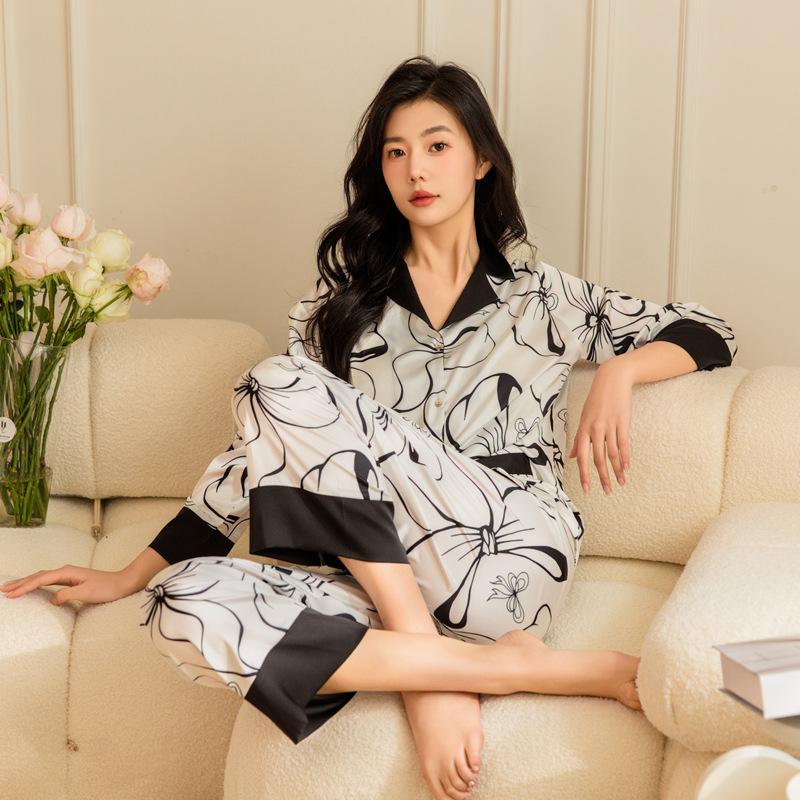 Pajamas for Women's Ice Silk Latest Thin Simple Set Printed Ink Pajamas Set