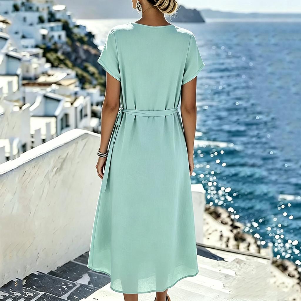 Women's Casual V Neck Loose Fit Short Sleeve Midi Dress Wrap Style Side Tie Waist Lightweight Summer Dress