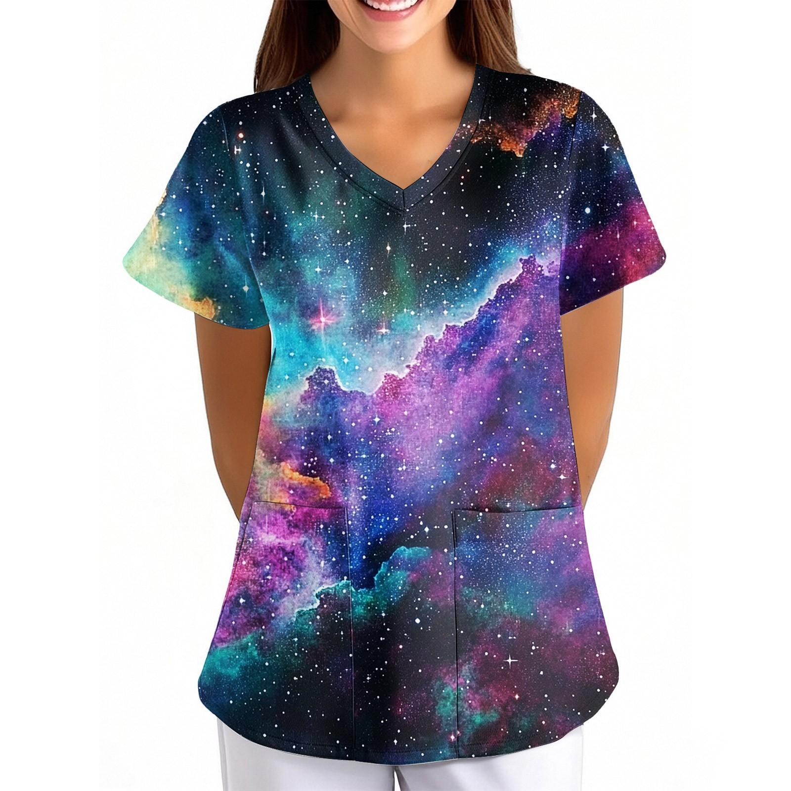 

Женская Свободная Униформа с V-образным вырезом, карманом и короткими рукавами, с принтом «Небо» L