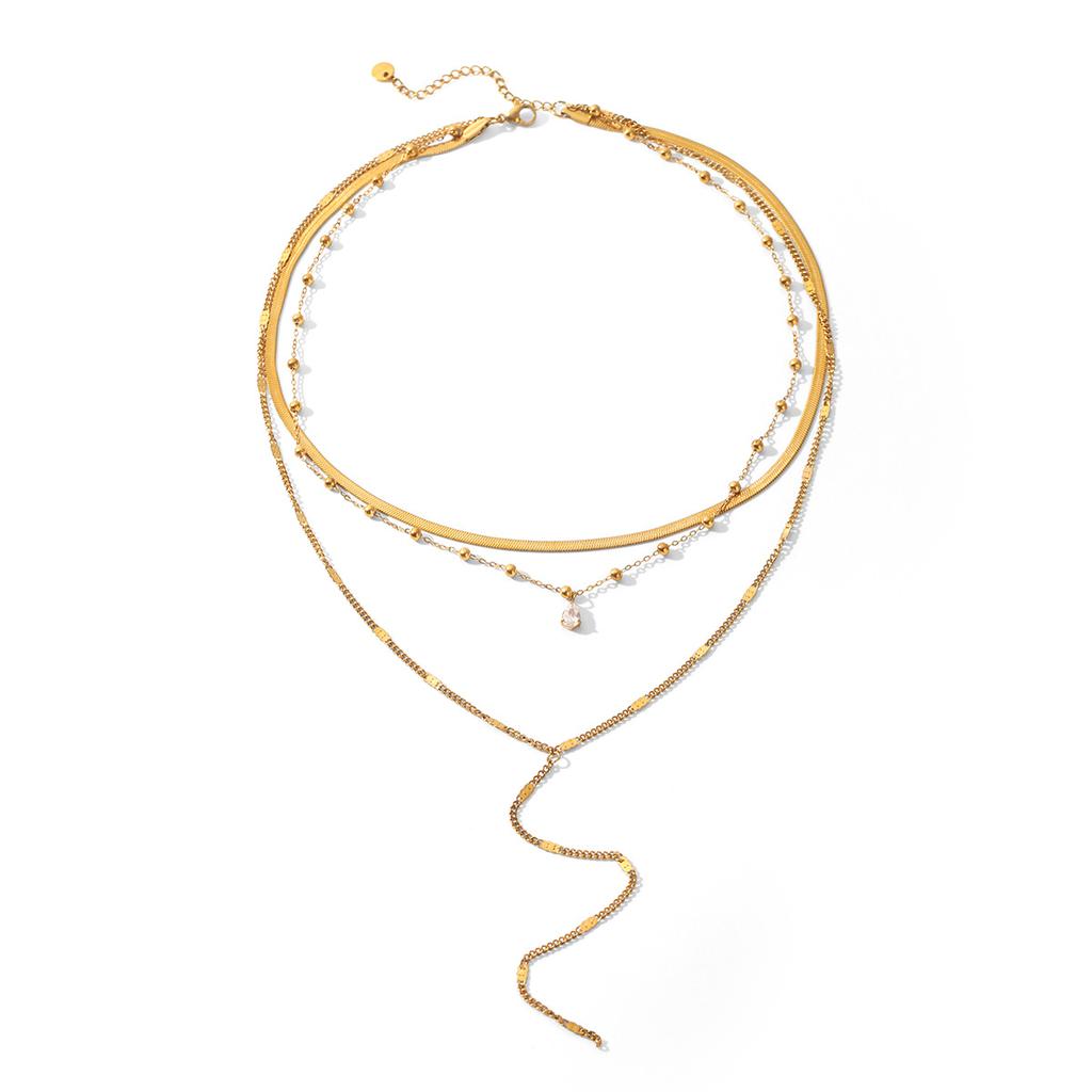 Niche design multi-layer necklace, titanium steel plated with 18k gold, non-fading, teardrop zircon, Y-chain, layeravicle chain
