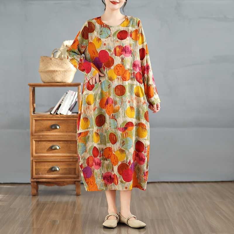 2025 New Vintage Printed Round Neck Loose Large Size Long Dresses
