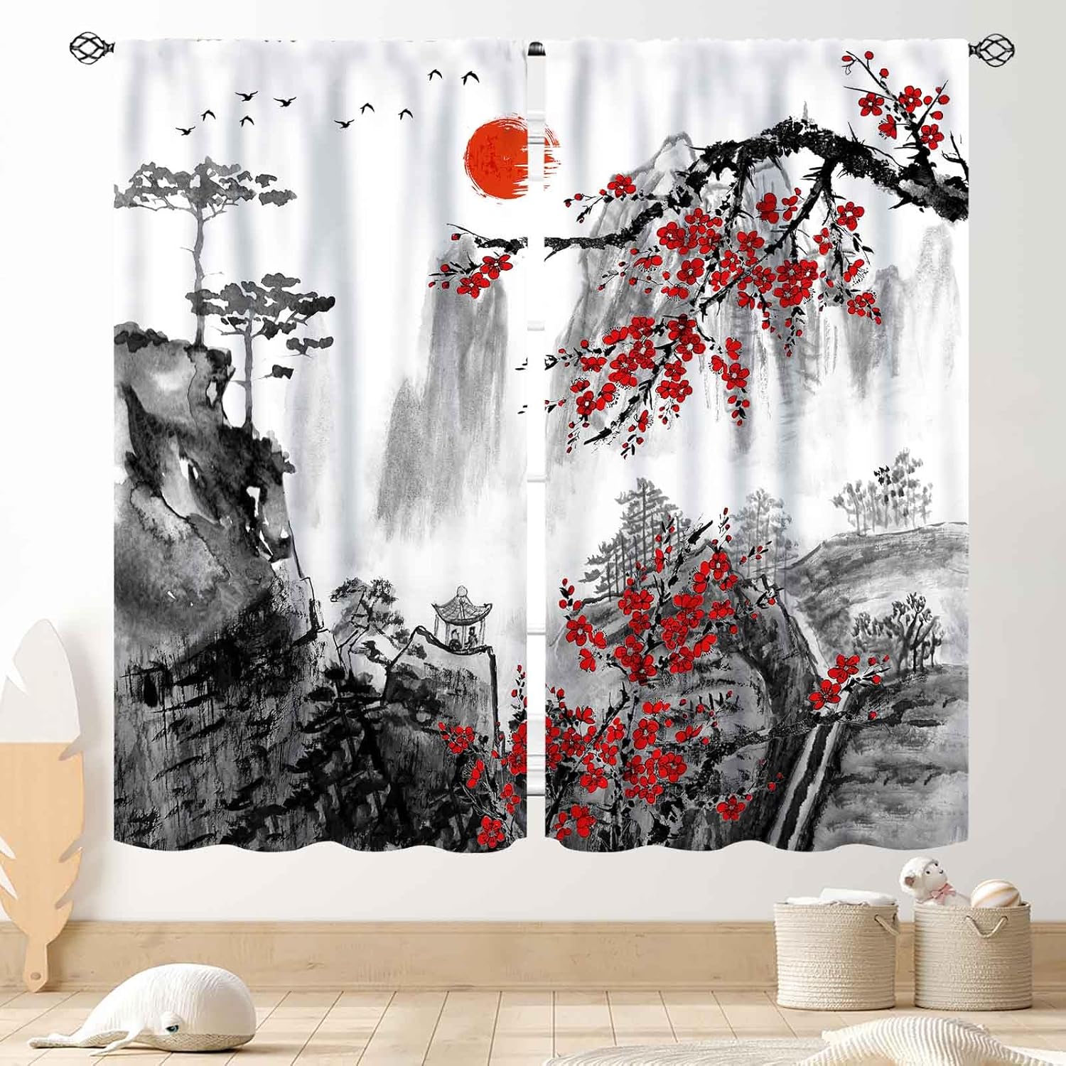 

Cherry Blossoms Curtains Japanese Traditional Ink Painting Red Floral Plum Blossom Asian Oriental Nature Mountains Landscape Wi 100*130 Grommet Top 1pcs