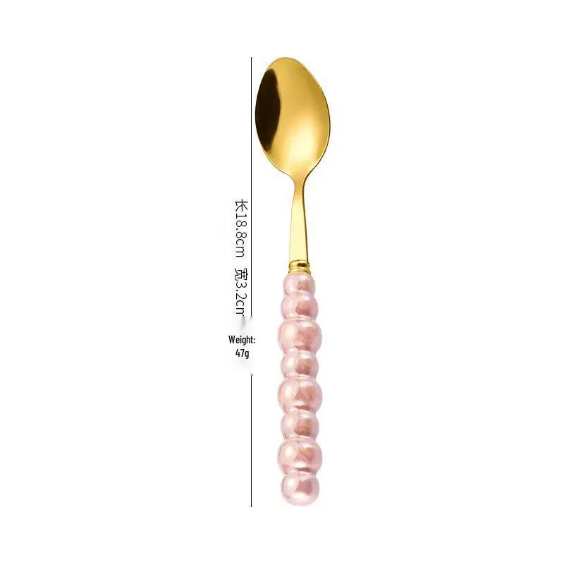 Norse Luxe Ceramic Pearl Cutlery Set: Fork, Knife & Spoon in Elegant Stainless Steel
