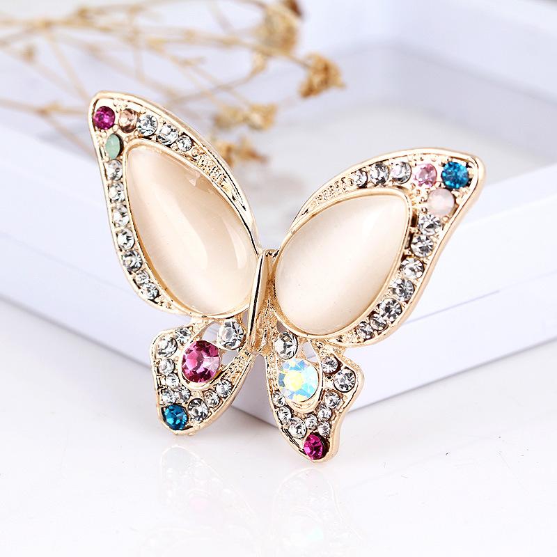 Colored Diamond Cat's Eye Butterfly Brooch Realistic Simple Stone Design Women's Fashion Temperament Versatile Daily Corsage Pin Jewelry
